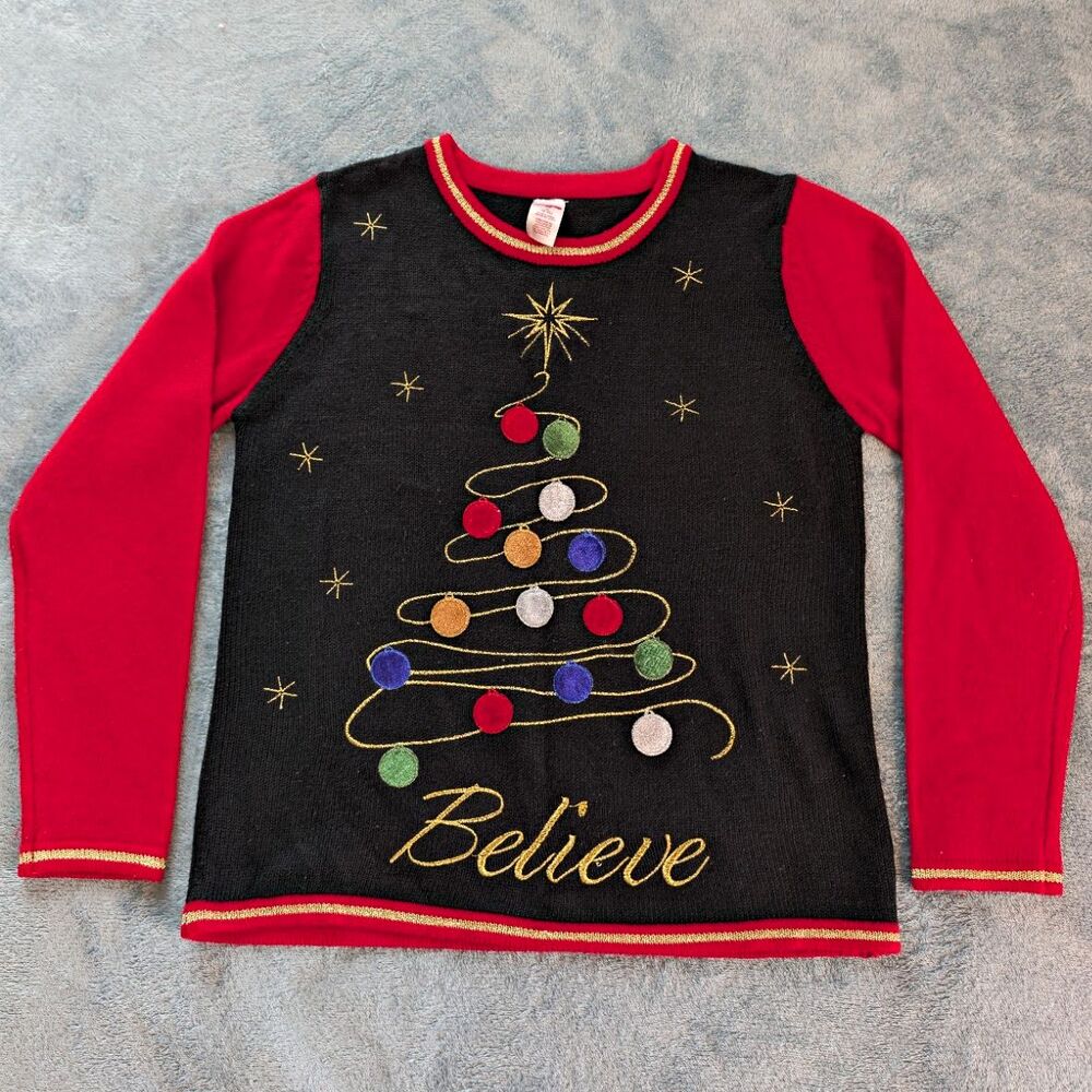 Holiday Time Women's M Knit Sweater Black Red Gold Believe Christmas Ugly